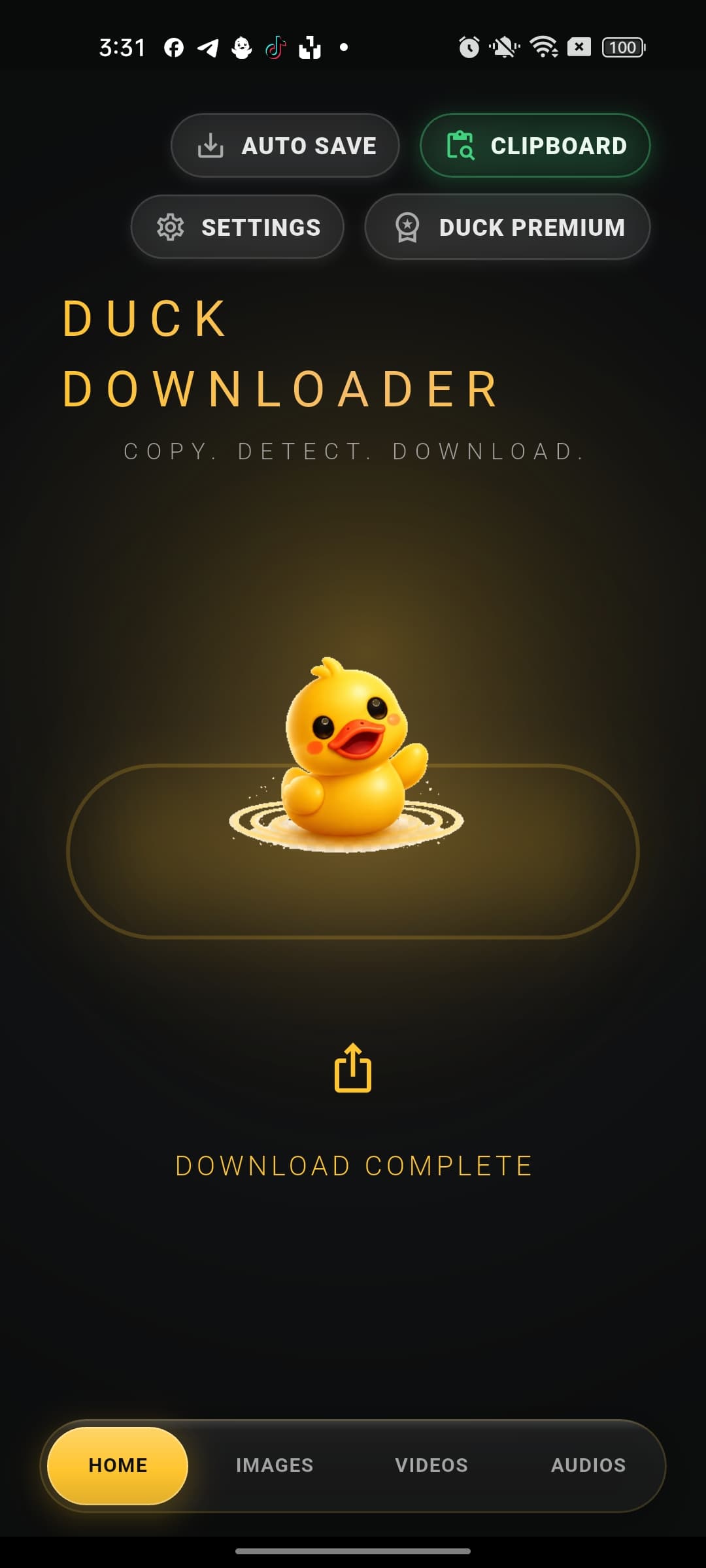 Duck Downloader home screen after a completed download